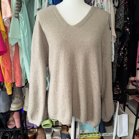 LOFT Beige V-Neck Sweater with Sparkle size 16/18 - Picture 2 of 7
